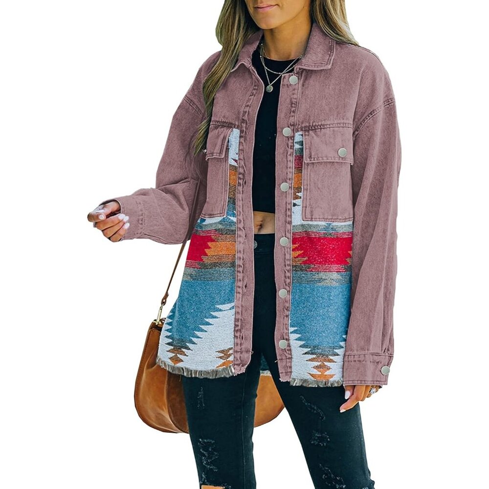 Women's Vintage Claret Denim Jacket Distressed Lapel Long Sleeve Vintage Button